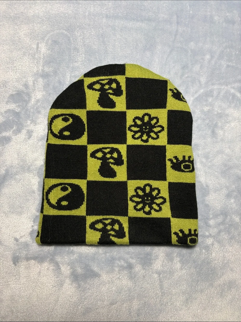 Kids Black and Lime Green Checkerboard Beanie Hat with Playful Icons